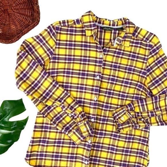 Y2K Eddie Bauer Rustic Plaid Yellow Purple Plaid Flannel Button Shirt Medium - Picture 13 of 13